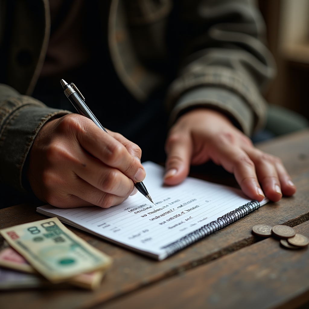 Worker writing in a notebook, planning weekly income and expenses