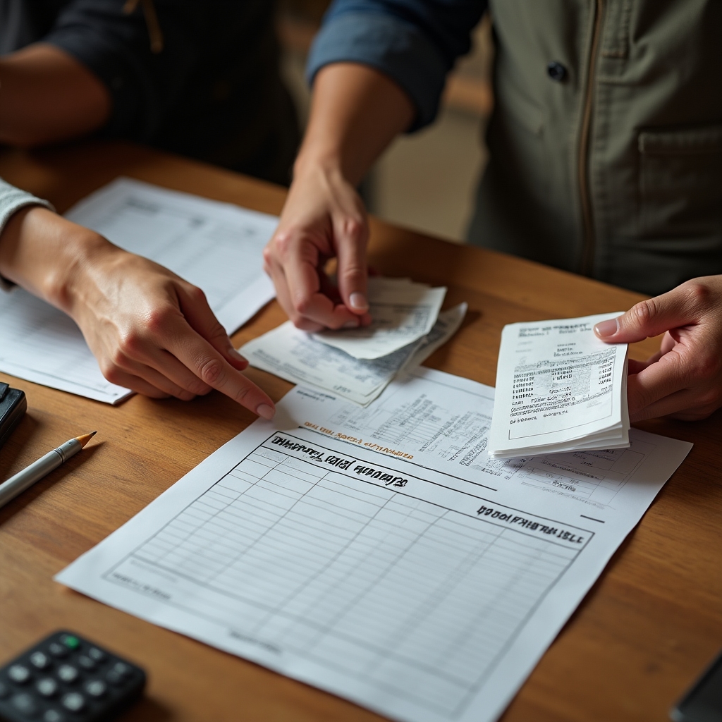 Builder reviewing receipts and materials costs at a workshop table