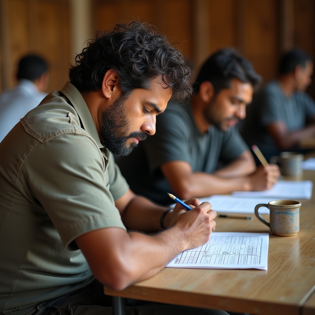 Worker recording weekly income on a simple paper form during a workshop session