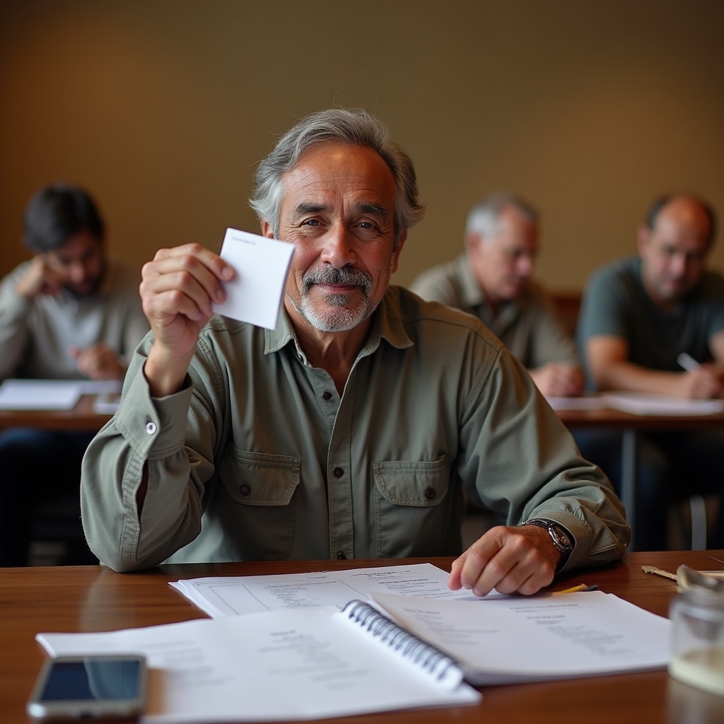 Workshop participant reviewing their completed personal financial tracking system on paper
