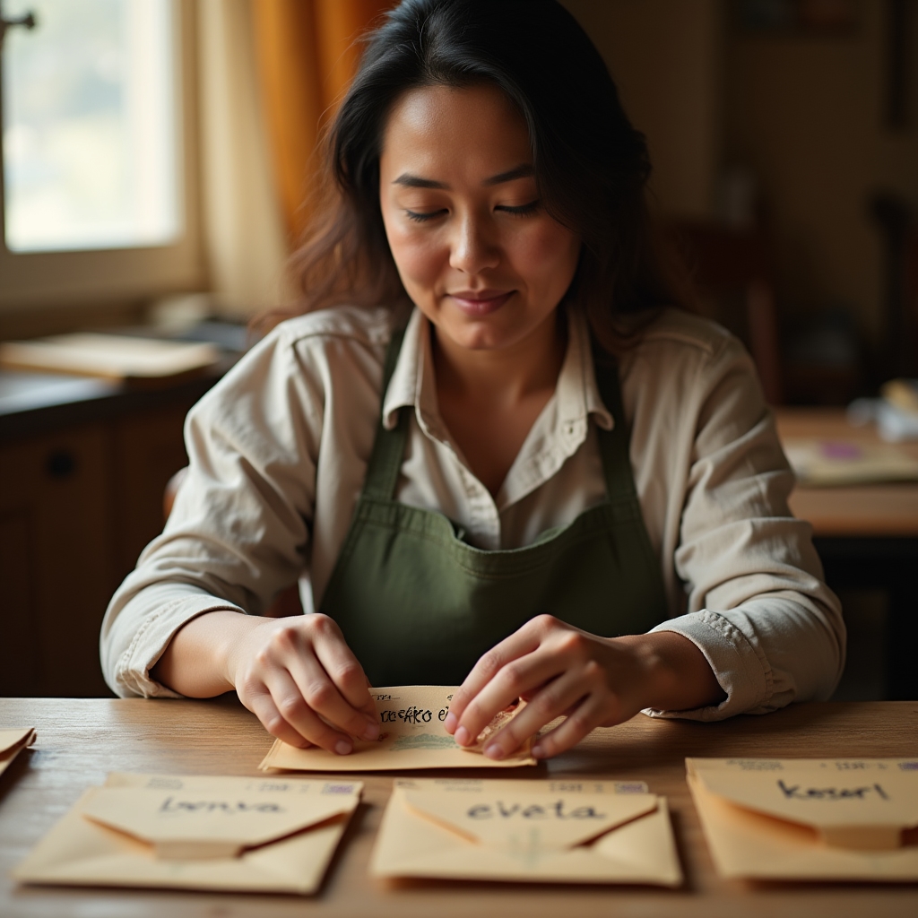 Participant placing cash into a labeled savings envelope during a workshop